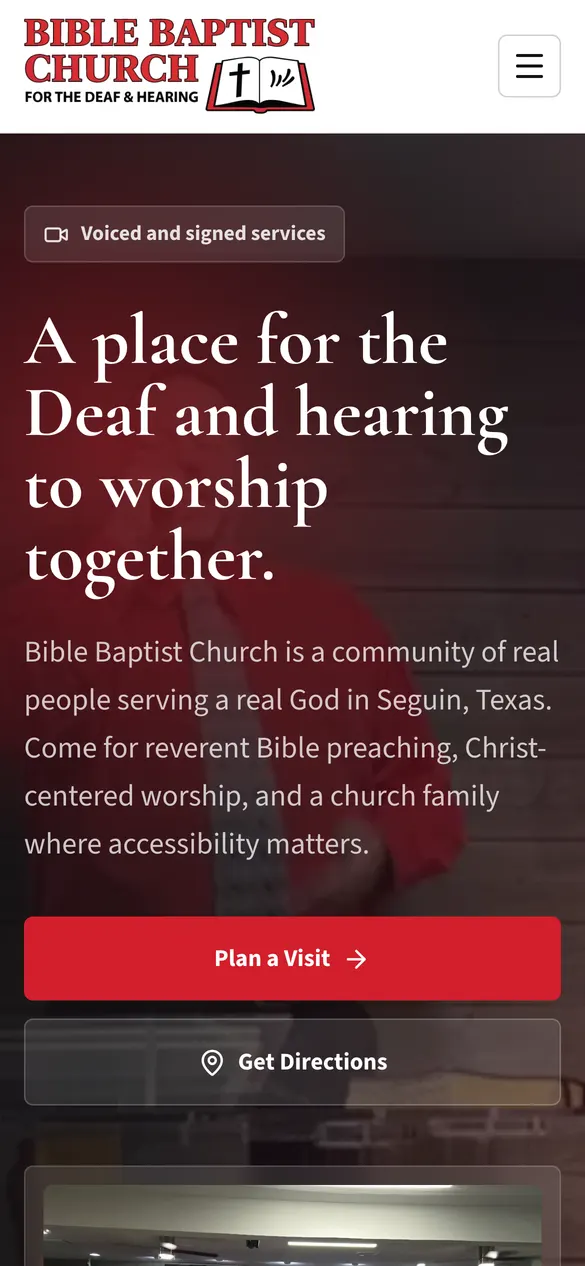 Bible Baptist Church for the Deaf & Hearing church website on a phone: voiced and signed services, said first