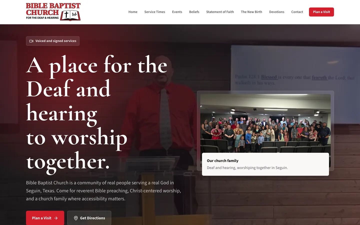 Bible Baptist Church for the Deaf & Hearing website homepage, Seguin, Texas, with signed services, church website design by Elijah Desent