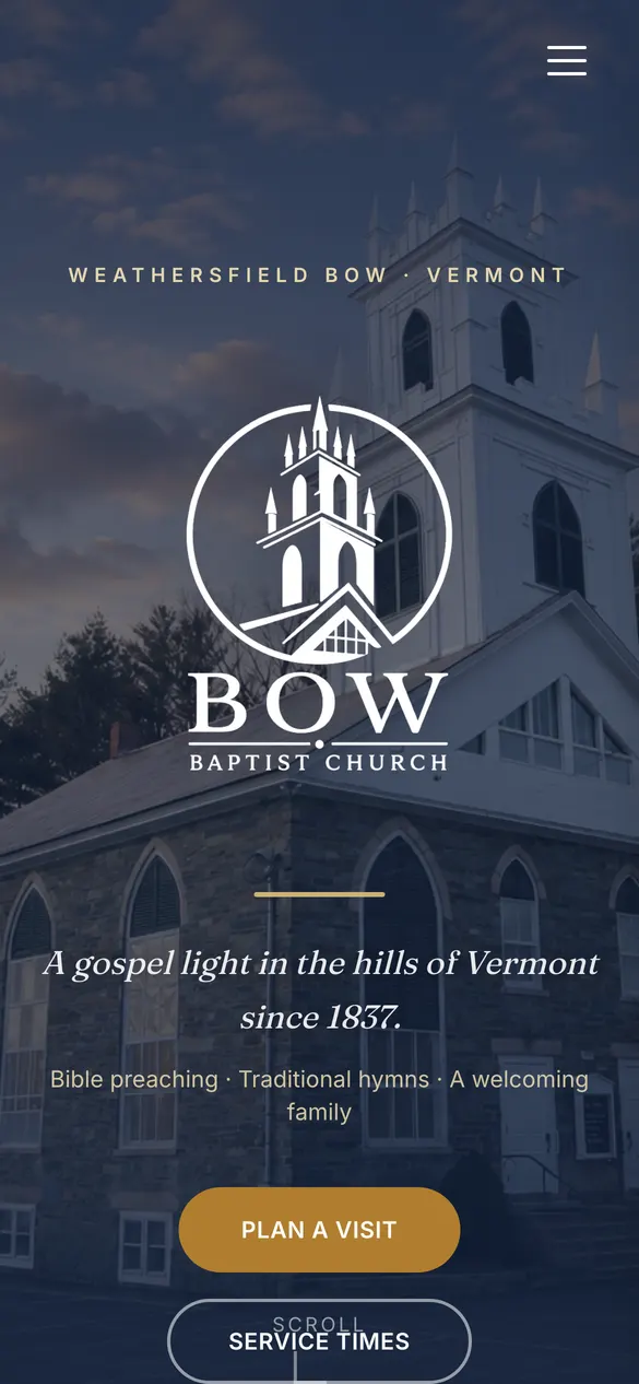 Bow Baptist Church church website on a phone: plan a visit, thumb-sized