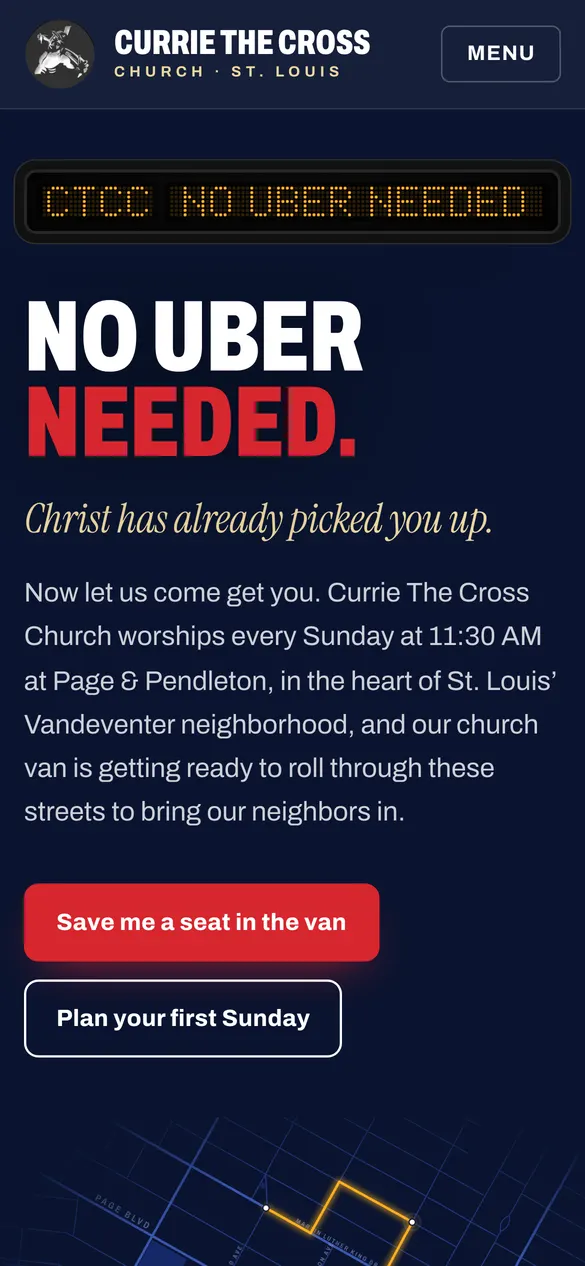 Currie The Cross Church church website on a phone: a ride to church, one tap away