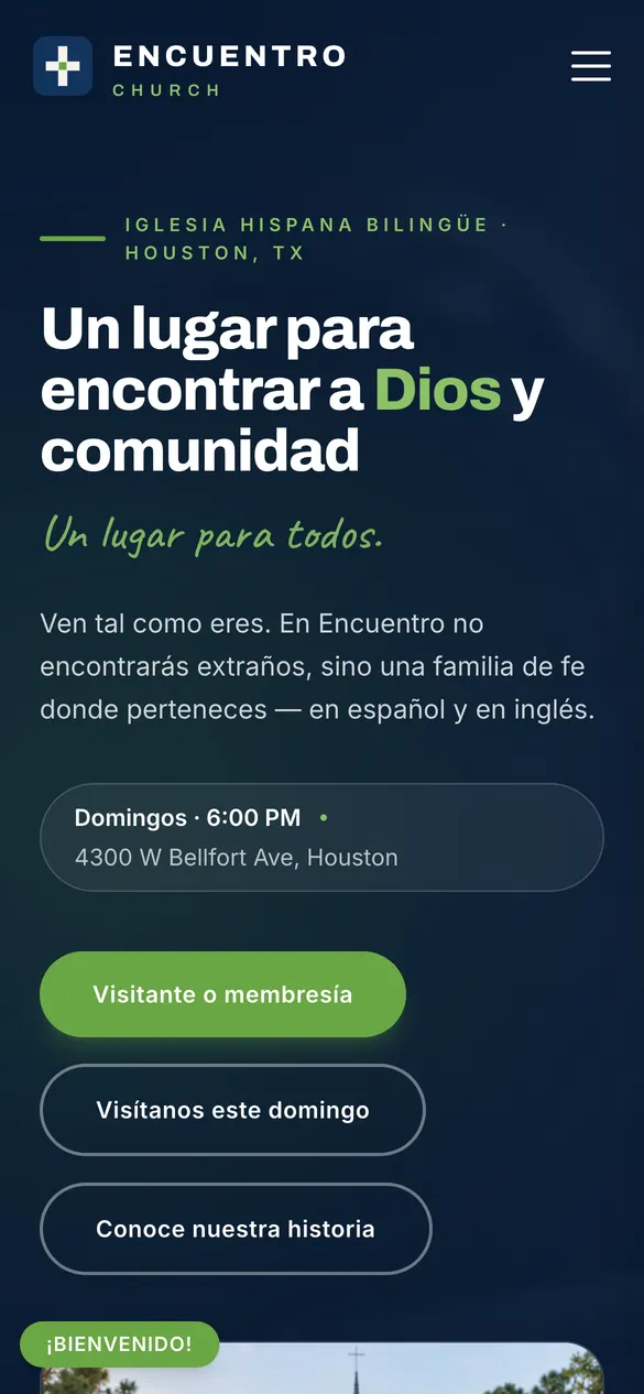Encuentro Church church website on a phone: bilingual, time and address up top