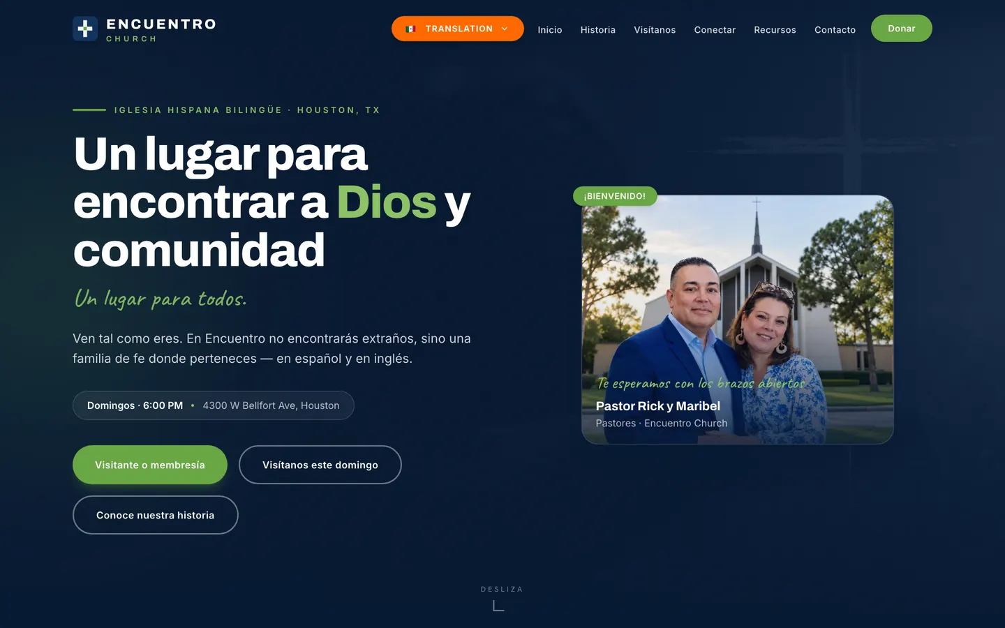 Encuentro Church website homepage, Houston, Texas, in Spanish and English, church website design by Elijah Desent