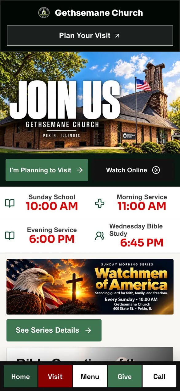 Gethsemane Church church website on a phone: service times right under the photo