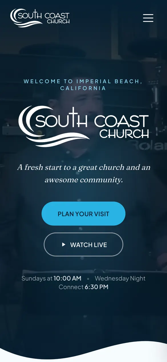 South Coast Church church website on a phone: watch live, one tap away