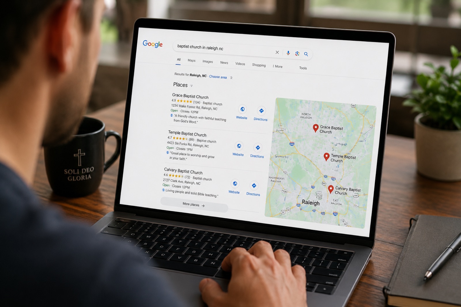 A laptop on a desk showing a Google search for 'baptist church in Raleigh NC,' with local results for Grace Baptist Church and nearby churches beside a map of Raleigh.