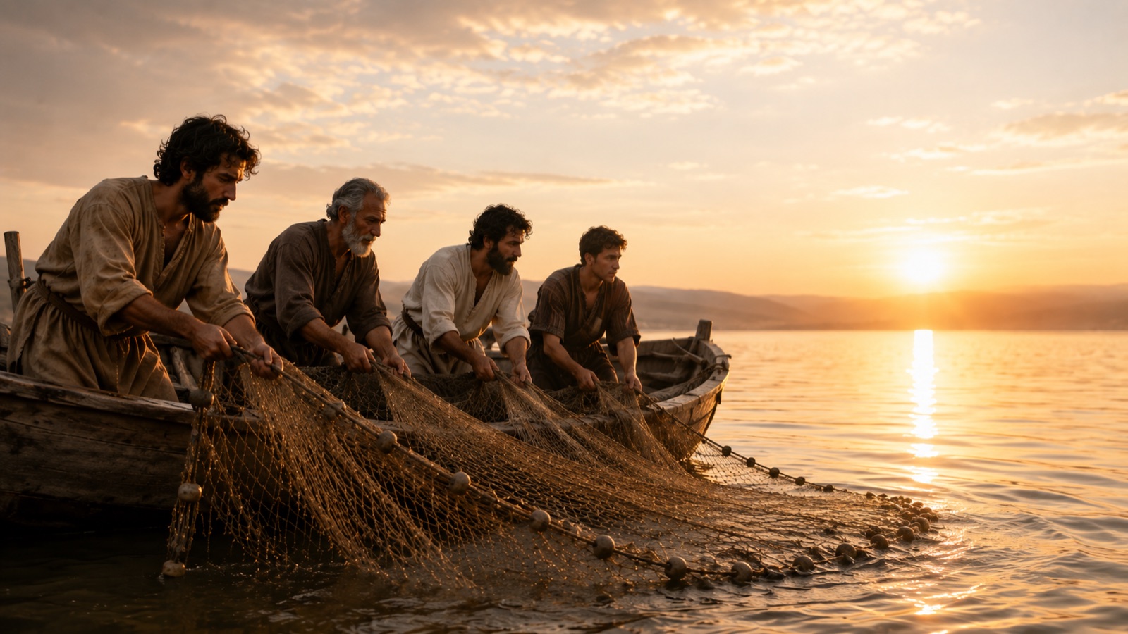 Four of Jesus' disciples drawing a heavy fishing net from a wooden boat at sunrise on the Sea of Galilee.
