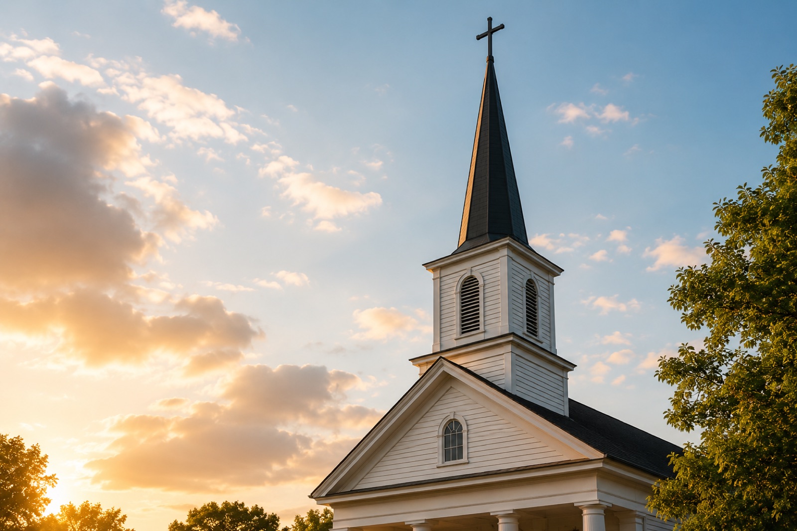 A white country church steeple topped with a cross, rising above the rooftops against a golden sunset sky.