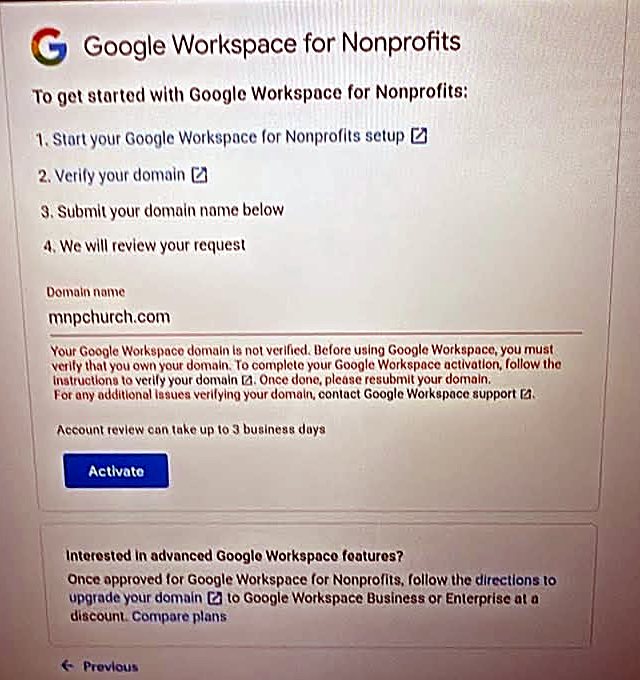 Google Workspace for Nonprofits activation card listing four steps: start your Google Workspace setup, verify your domain, submit your domain name, and wait for review. A red error under the domain field says the Google Workspace domain is not verified.