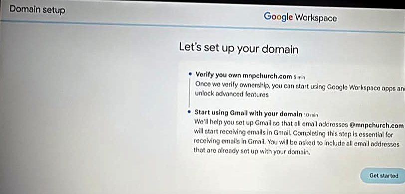 Google Workspace 'Let's set up your domain' screen with two steps: verify you own the domain (5 minutes) and start using Gmail with your domain (10 minutes), and a Get started button.
