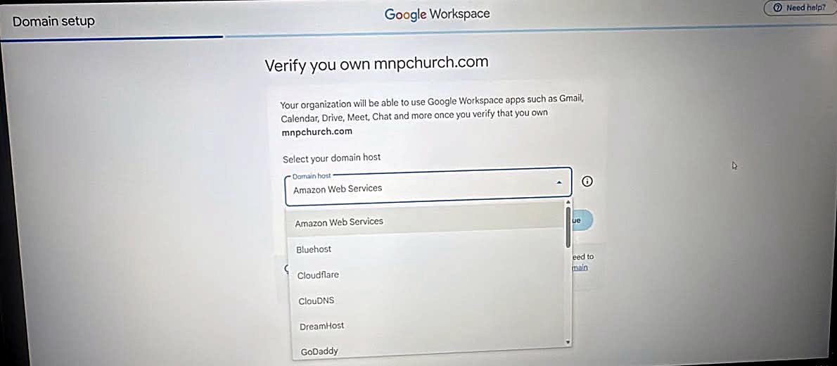 Domain host dropdown open, listing Amazon Web Services, Bluehost, Cloudflare, ClouDNS, DreamHost, and GoDaddy.