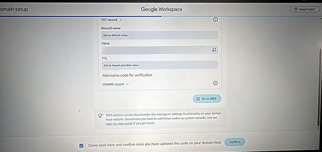 The same verification screen scrolled down, with the confirmation checkbox ticked and the Confirm button enabled, next to a Go to AWS button.