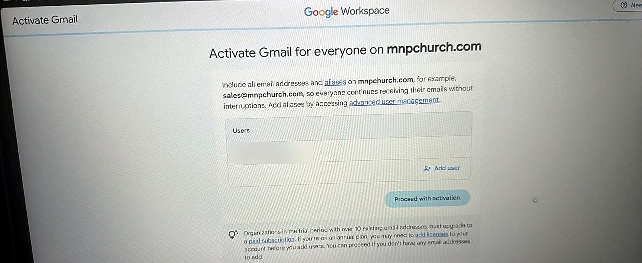 Activate Gmail for everyone screen showing a Users list with the pastor's account (blurred), an Add user link, and a Proceed with activation button.