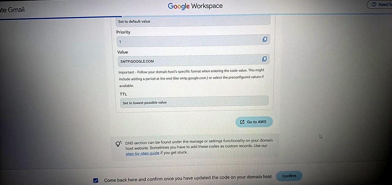 Activate Gmail MX record screen showing Priority 1, Value SMTP.GOOGLE.COM, TTL set to lowest possible value, and the confirmation checkbox ticked.