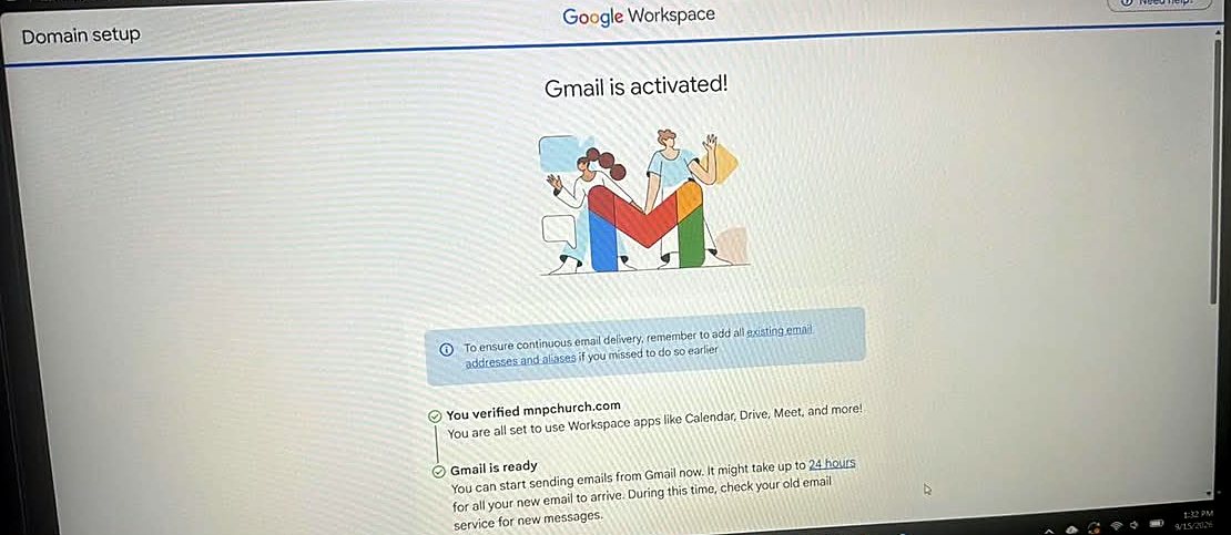 Google Workspace screen reading 'Gmail is activated!' with confirmations that the domain is verified and Gmail is ready, noting it can take up to 24 hours for all new email to arrive.
