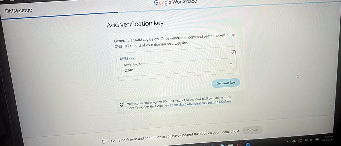 DKIM setup screen titled Add verification key, with Key bit length set to 2048 and a Generate key button.