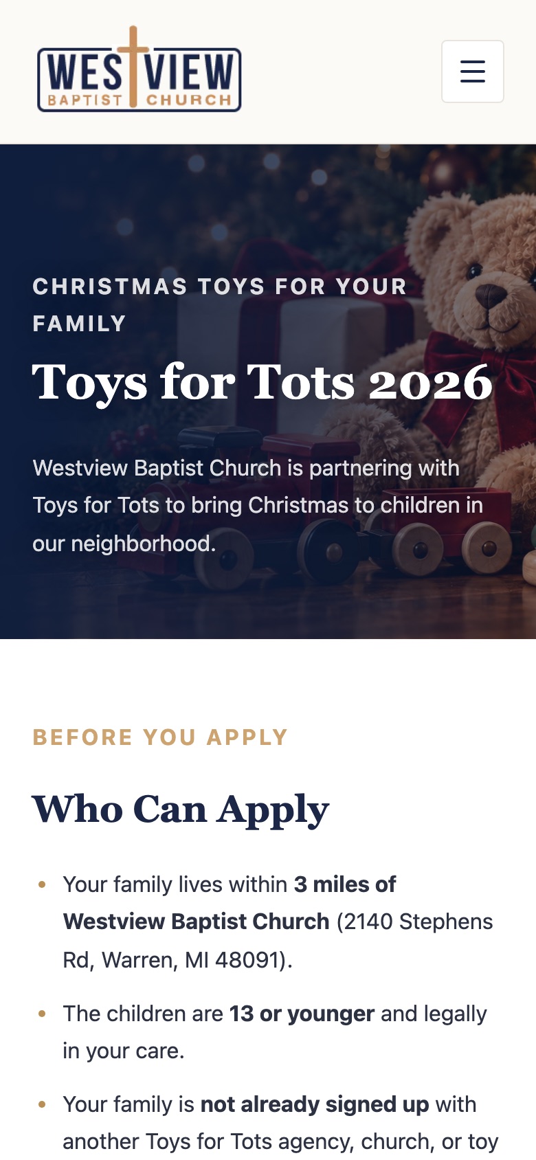 Westview Baptist Church's Toys for Tots 2026 page on a phone: a Christmas banner with the title, then a Who Can Apply section listing the three rules.