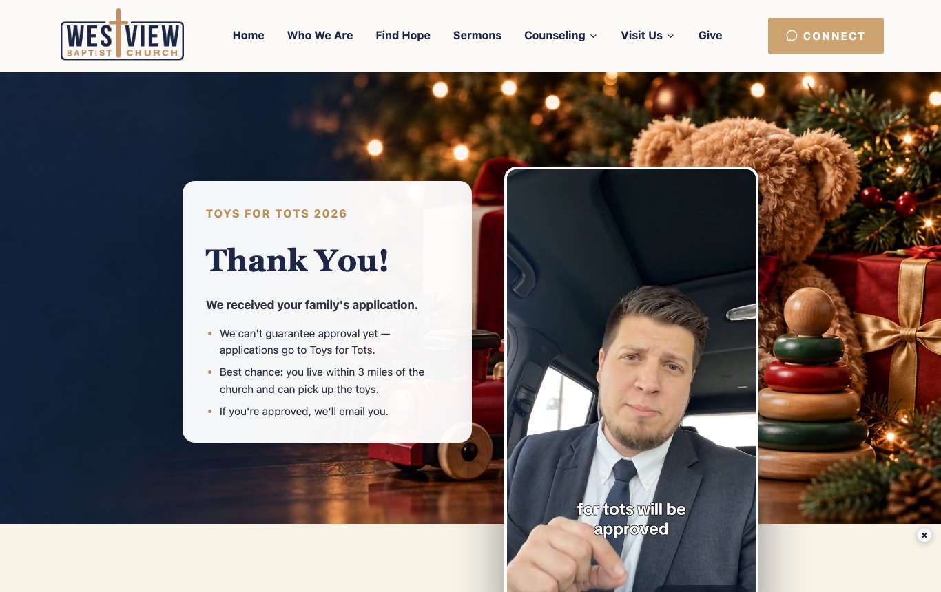 The Toys for Tots thank-you page: a white message card reading Thank You! with three short lines about approval, beside a portrait video of Pastor Eli speaking with captions.