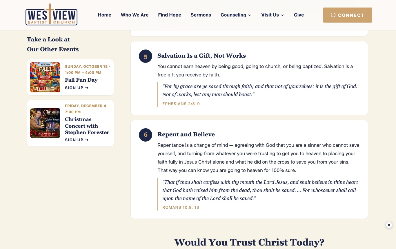 The thank-you page scrolled down: on the left, a Take a Look at Our Other Events list with Fall Fun Day and a Christmas Concert, each with a flyer and a Sign Up link; on the right, steps 5 and 6 of the gospel explanation.