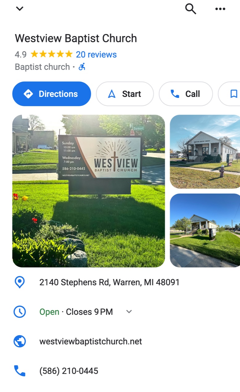 Westview Baptist Church's Google listing on a phone: 4.9 stars from 20 reviews, the category Baptist church, Directions and Call buttons, photos of the church sign showing service times and of the building, then the address, hours, website, and phone number.