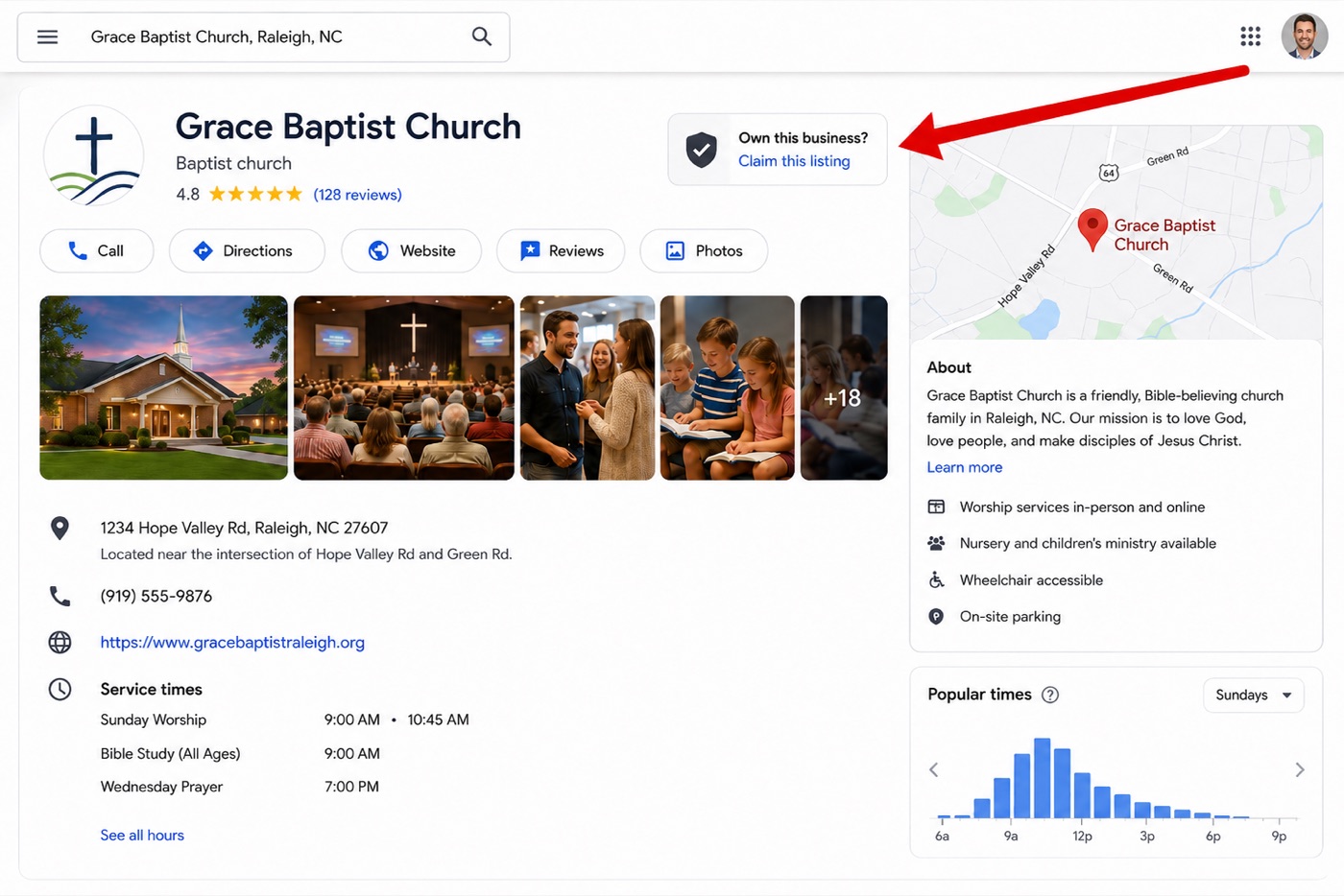 Google listing for Grace Baptist Church in Raleigh, NC, with an arrow pointing to the 'Claim this listing' button, showing address, phone, website, photos, and service times.