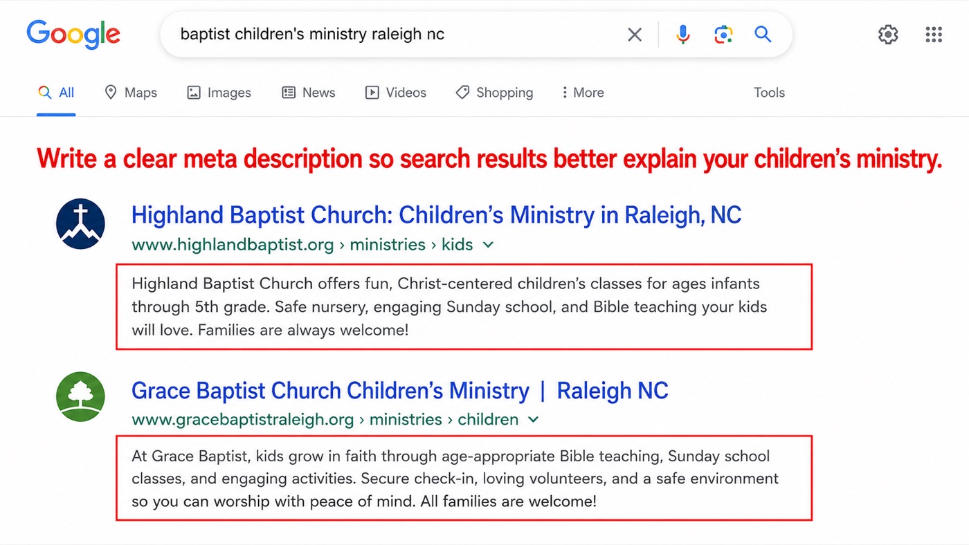 Google search results for 'baptist children's ministry raleigh nc' with the meta description text under each result highlighted.